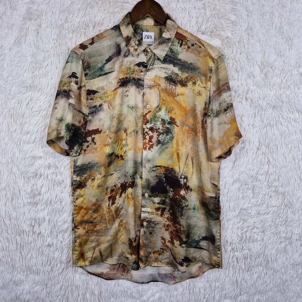 Zara Mens Relaxed Fit Abstract Oil Painting Print Short Sleeve Button Down Shirt